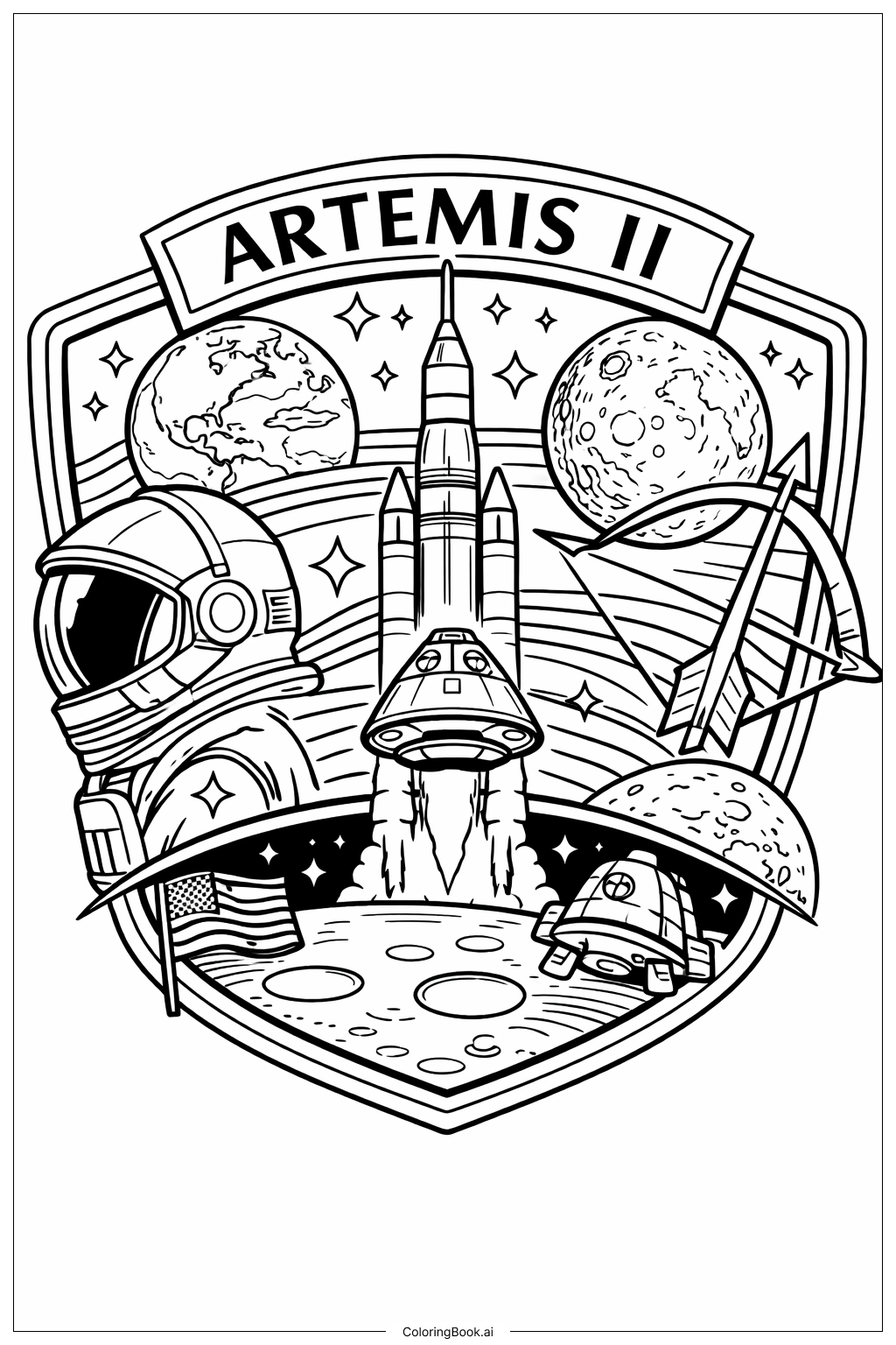  アルテミスII 詳細なミッションパッチシーンの塗り絵ページ 