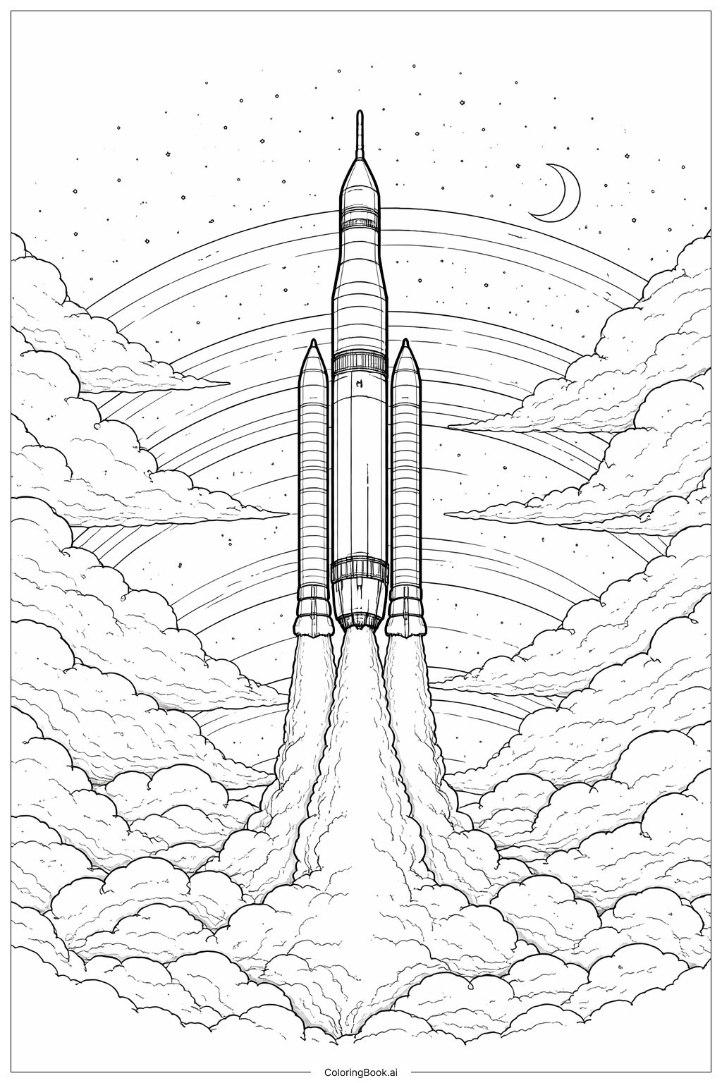 대기층을 통과하는 아르테미스 II 로켓 상승 색칠공부 페이지