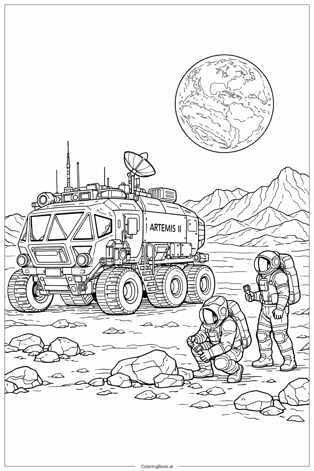 Artemis II Oberflächenfahrzeug und Crewmitglieder Ausmalseite