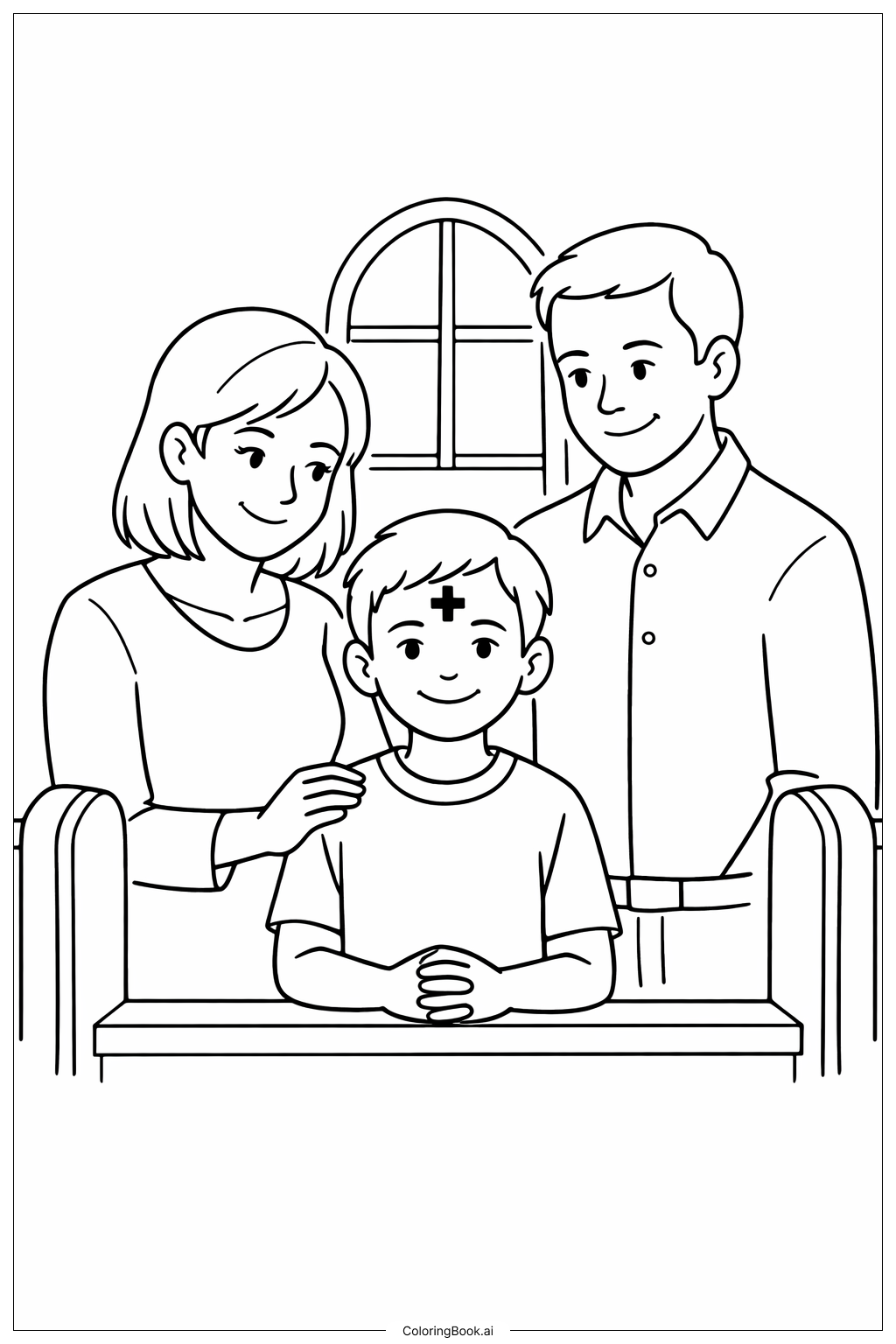  圣灰星期三儿童与父母在教堂长椅前填色页 