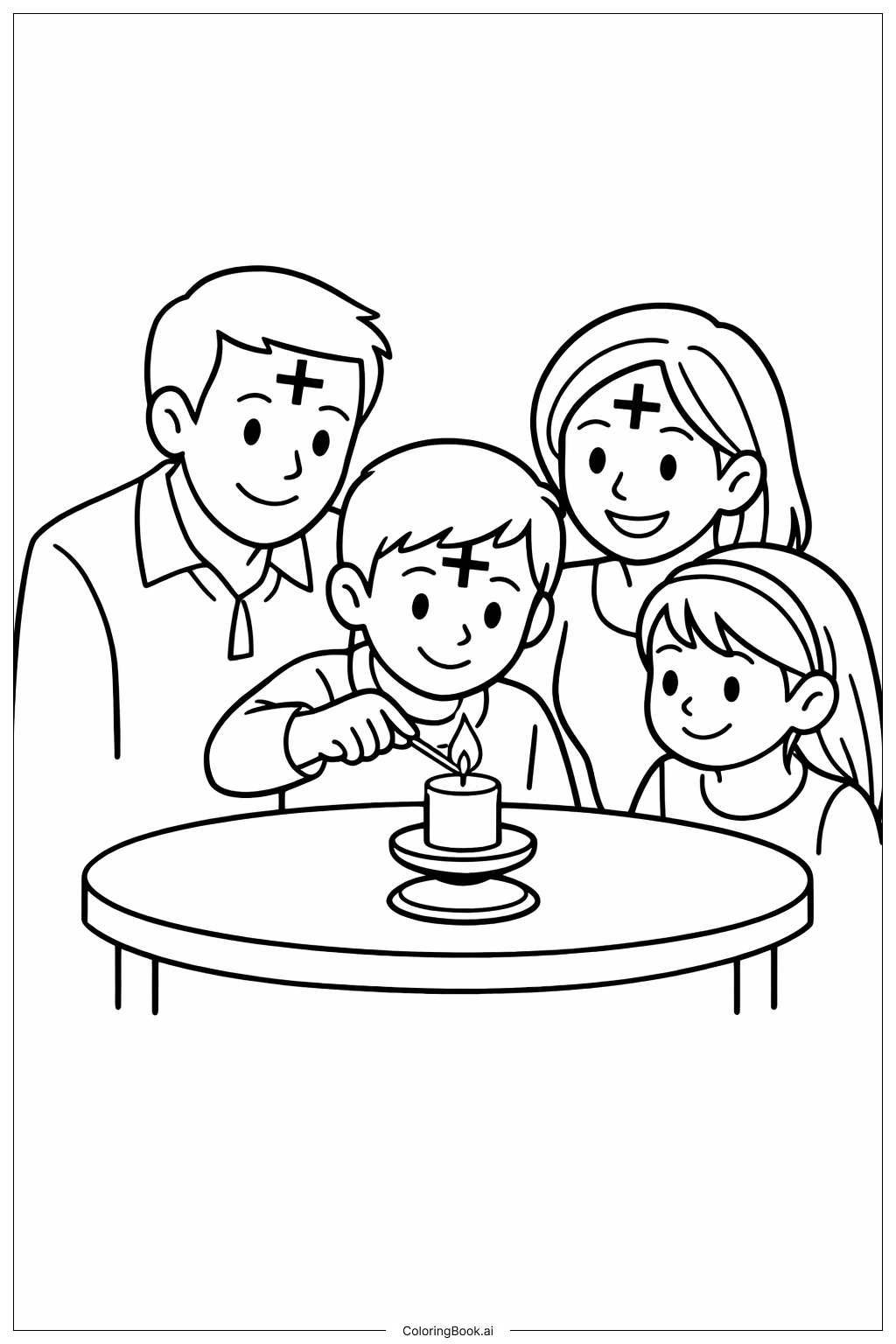  圣灰星期三全家一起点蜡烛填色页 