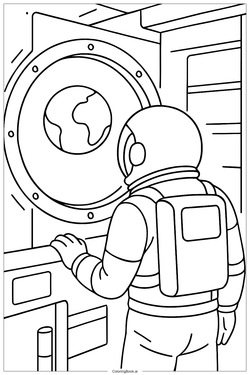  太空人站在太空站窗邊著色頁 