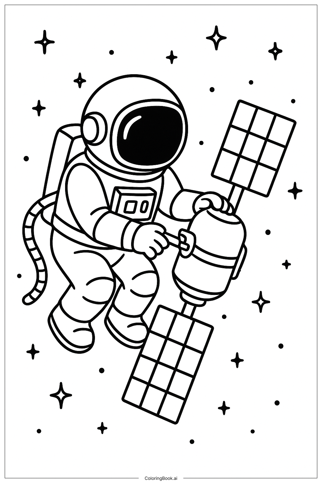  Página para colorir de Astronauta Consertando Satélite 