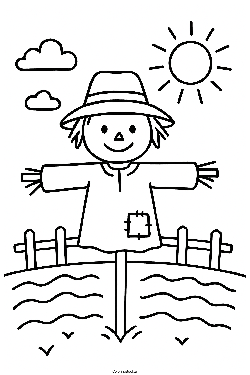  秋の農場の案山子の塗り絵ページ 