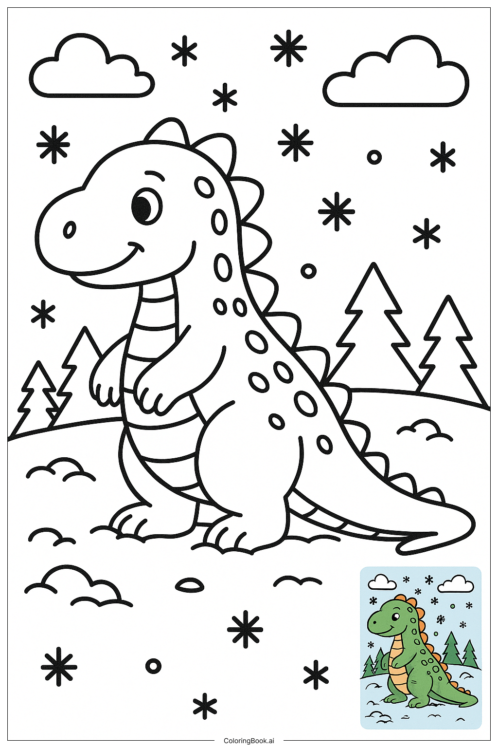  Dinosaur With Snowflakes Coloring Page 