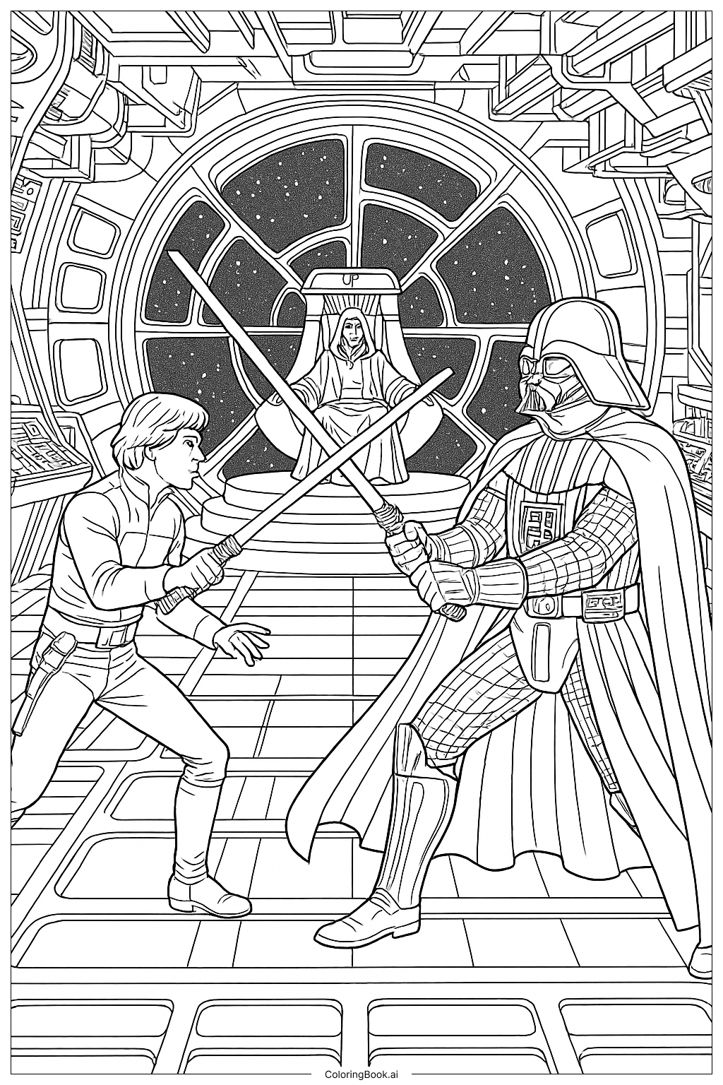  Page de coloriage Star Wars Le Duel dans la Salle du Trône de l’Empereur 