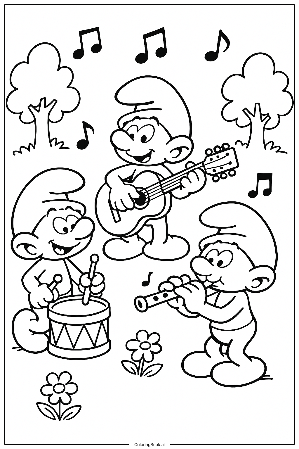 A Smurf Band Playing Music Instruments Coloring Page 