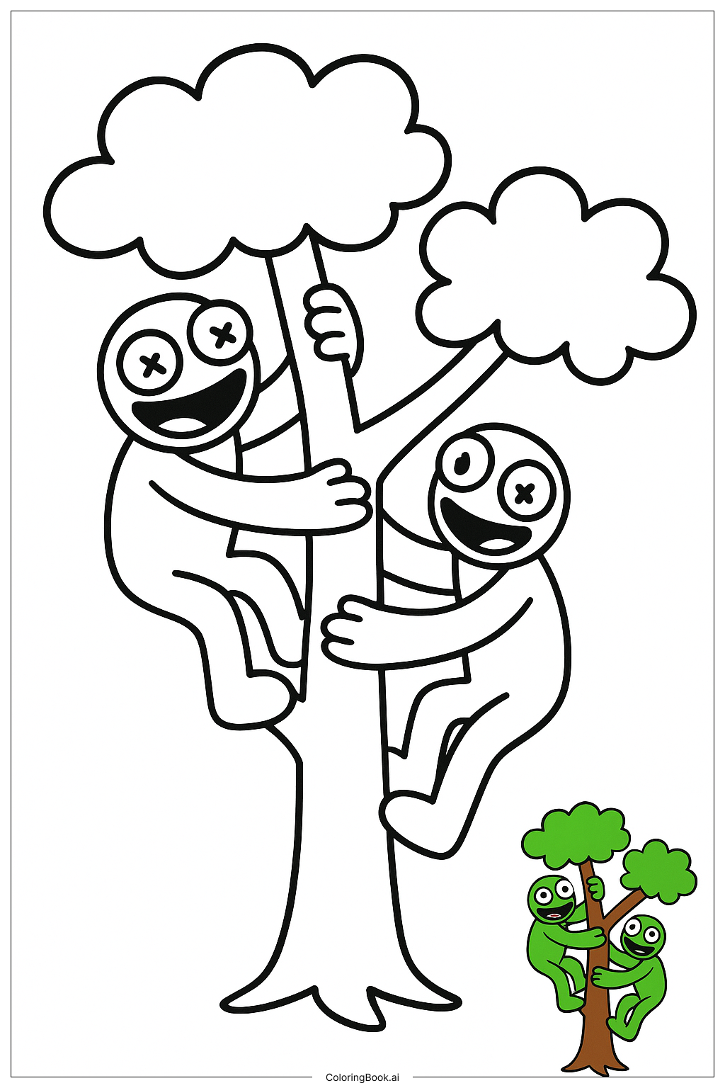  Grüne Regenbogenfreunde Klettern Auf Einem Baum Ausmalseite 
