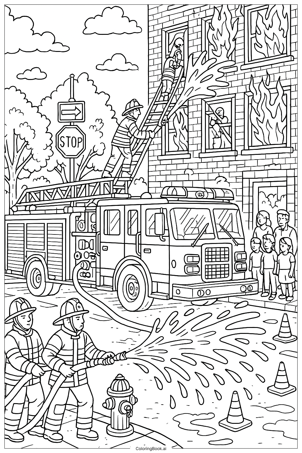 忙碌的消防安全紧急现场填色页