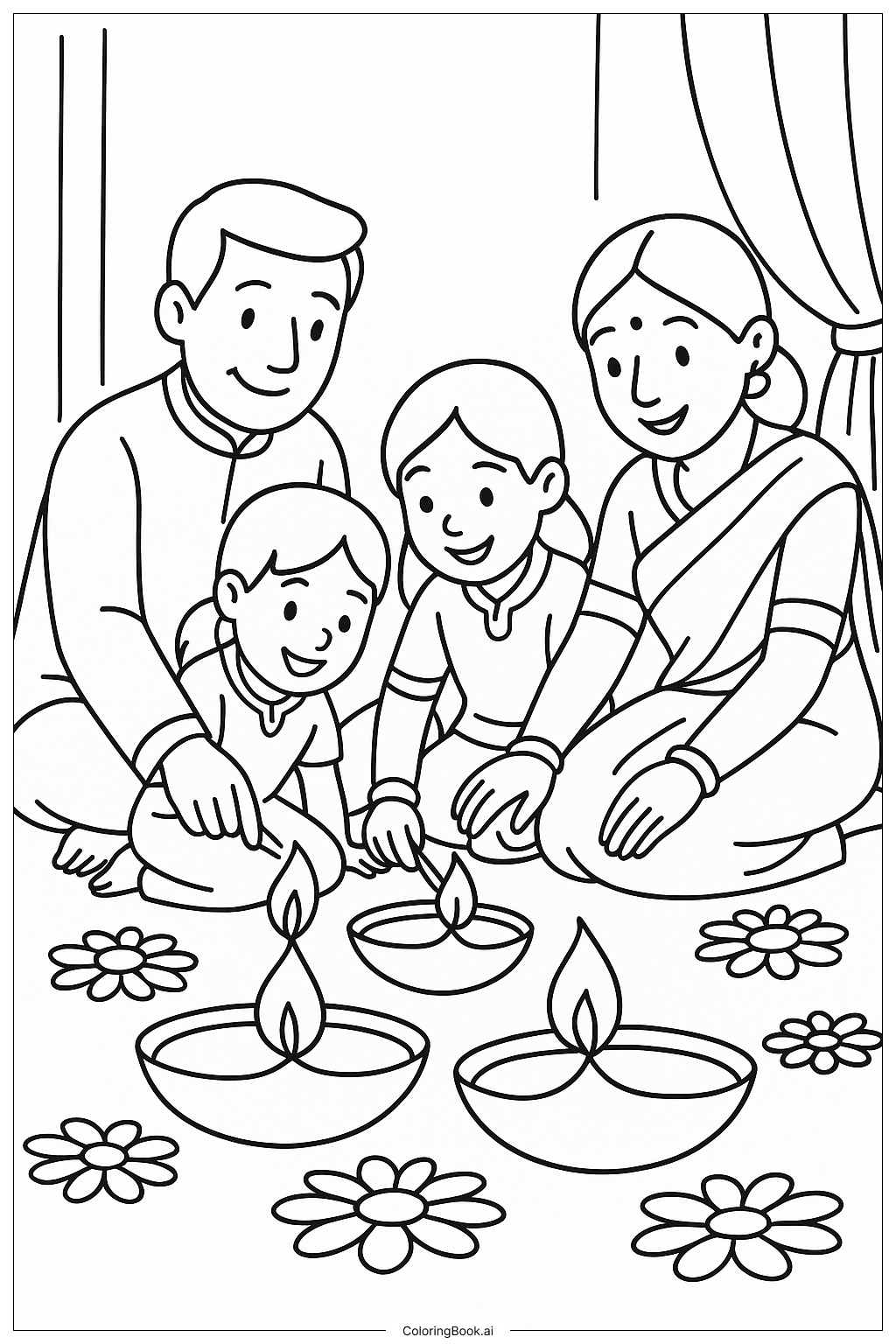Trang tô màu Gia đình thắp đèn Diwali Diyas