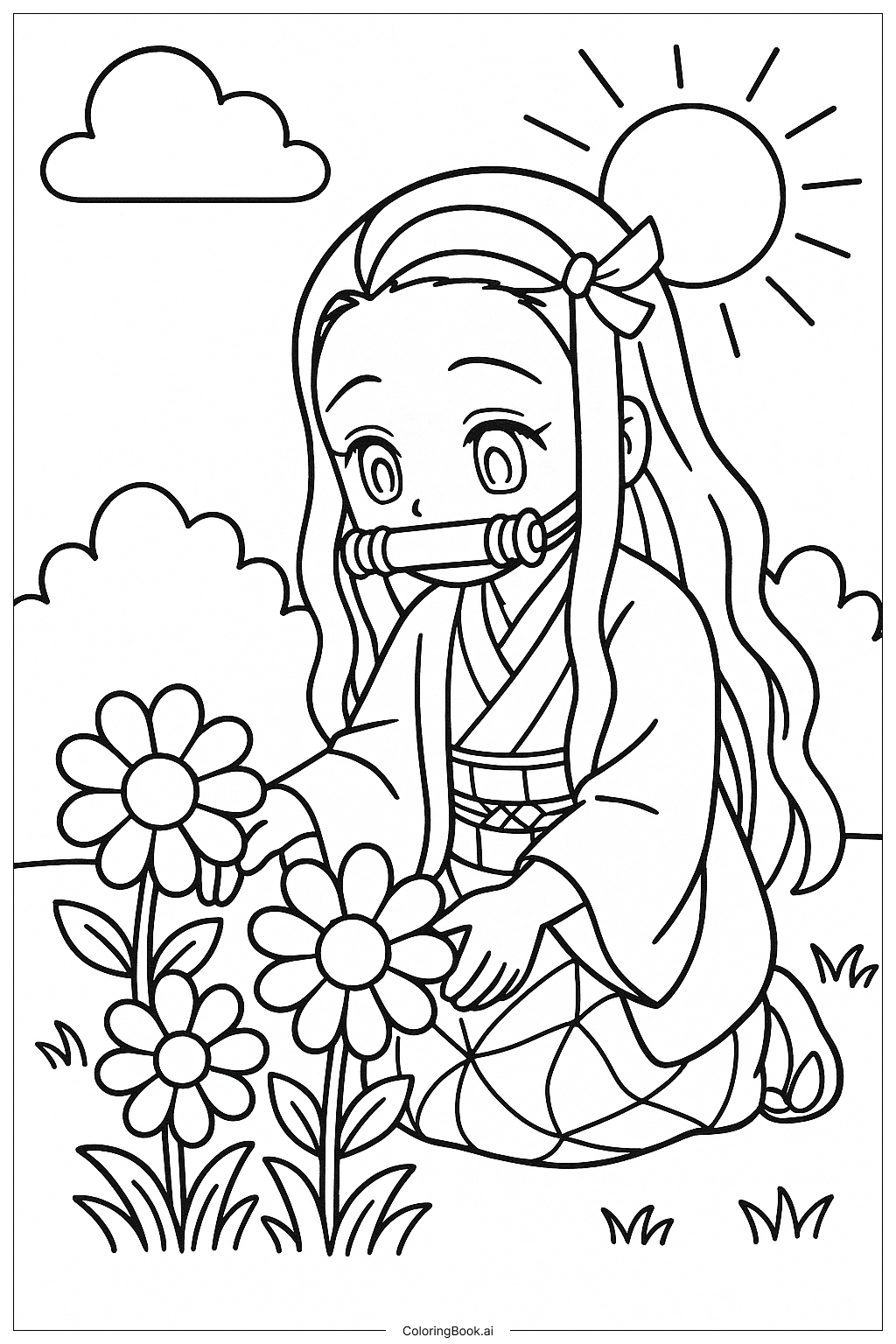 Página para colorear de Nezuko Cuidando las Flores