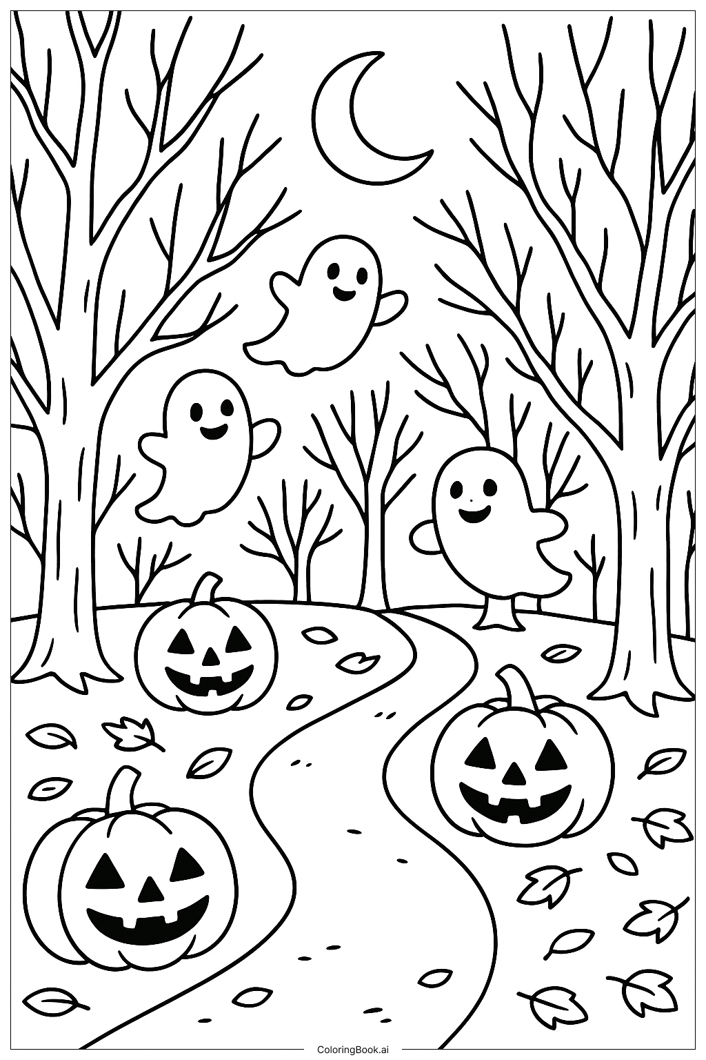  Ein gruseliger Waldweg für Halloween 2025 Ausmalseite 