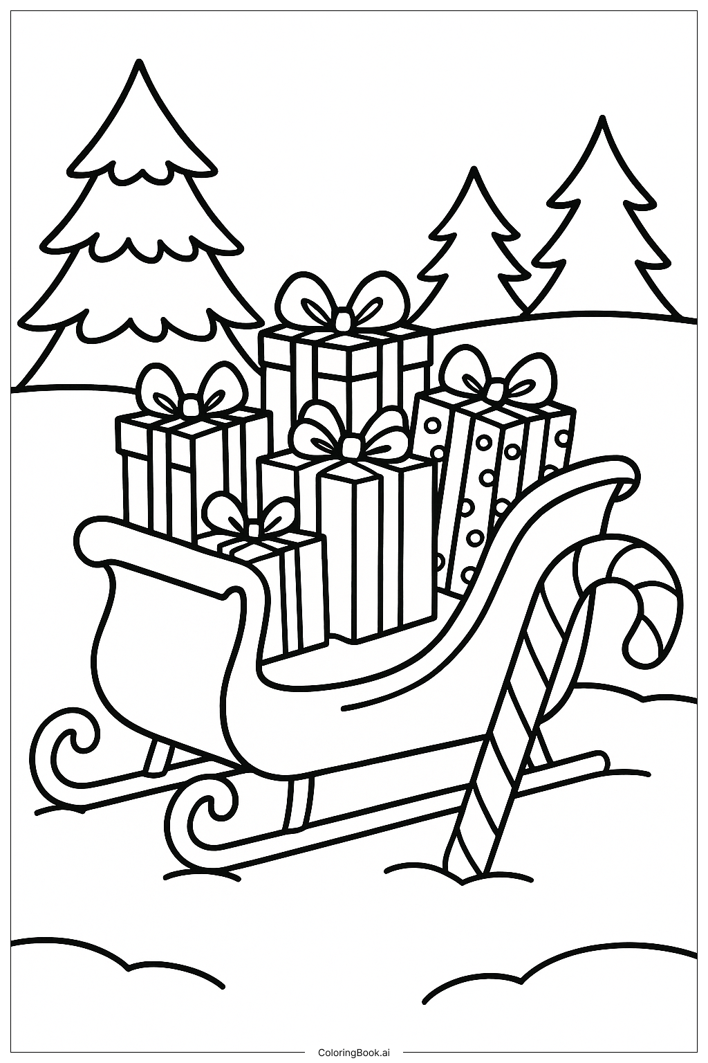  A Sleigh Full Of Presents And A Candy Cane Coloring Page 
