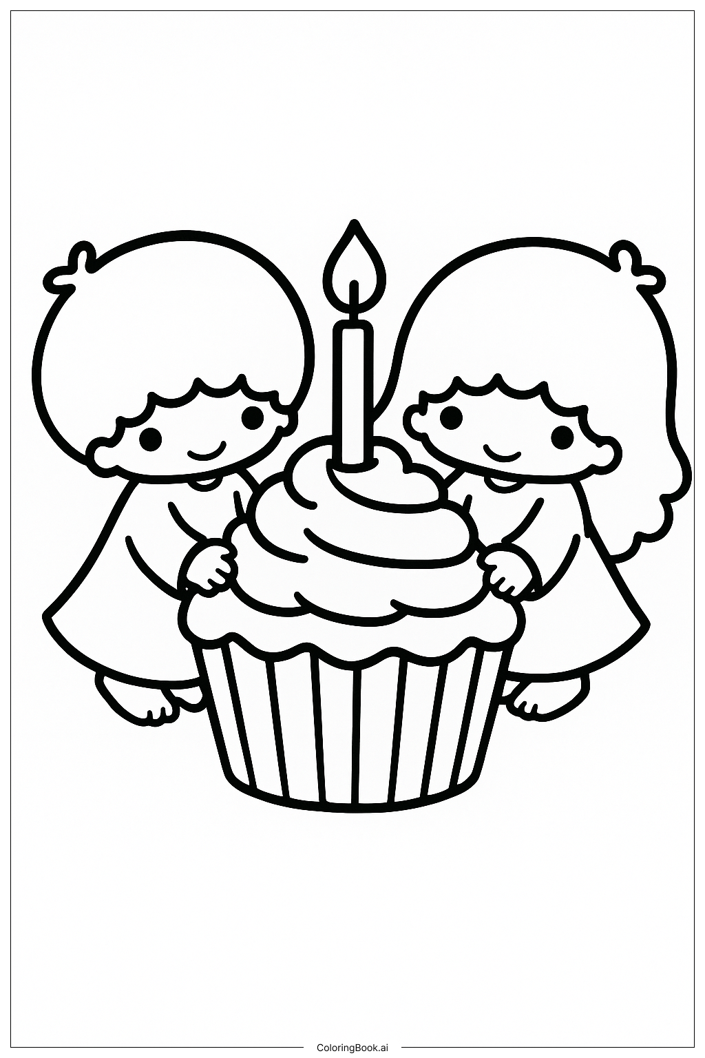  Little Twin Stars With A Birthday Cupcake Coloring Page 