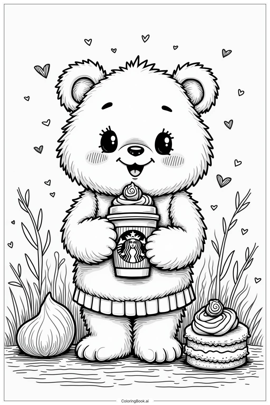  Page de coloriage Ours mignon de Starbucks tenant du café et un gâteau 