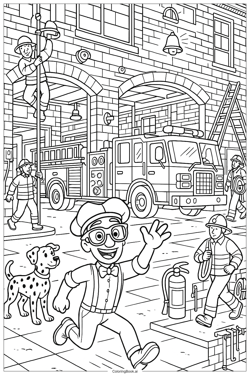  にぎやかな消防署のブリッピの塗り絵ページ 