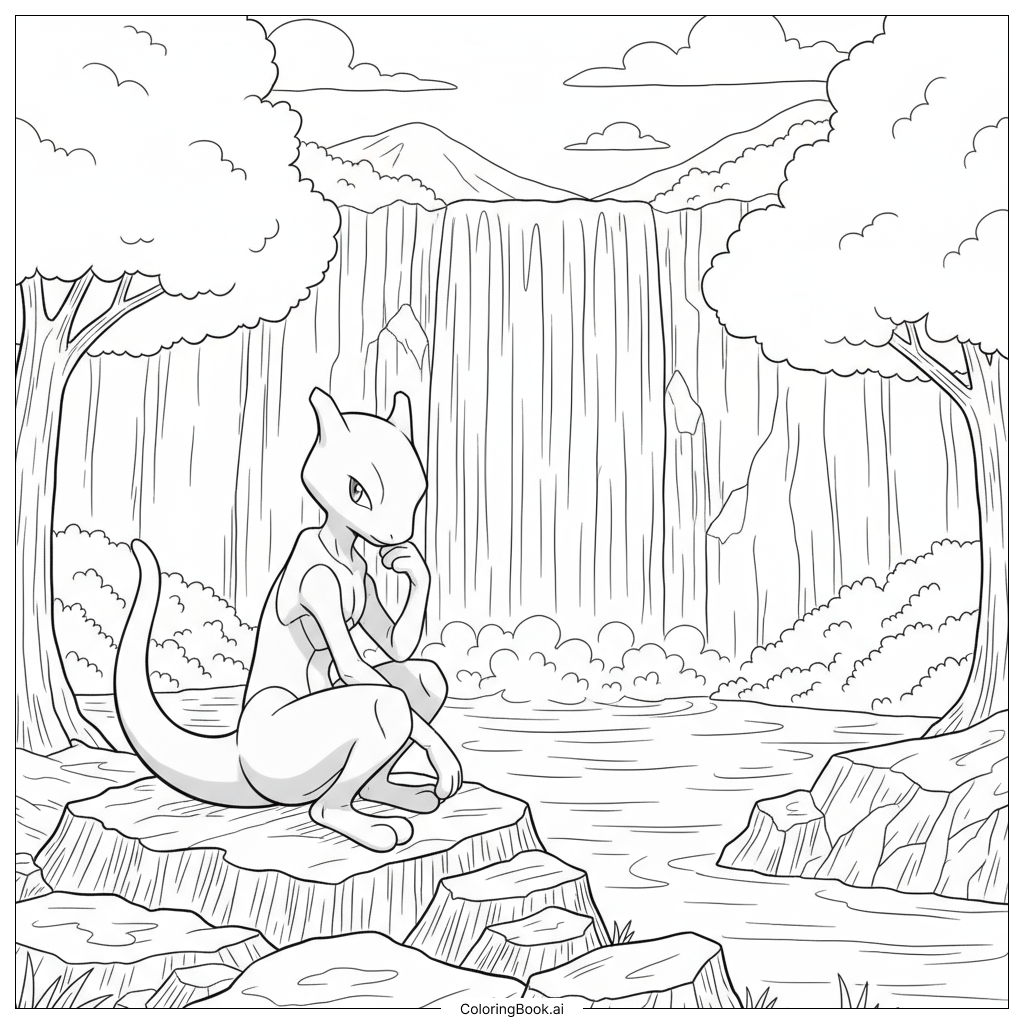  Page de coloriage Mewtwo Réfléchissant Tranquillement Près d'une Cascade 