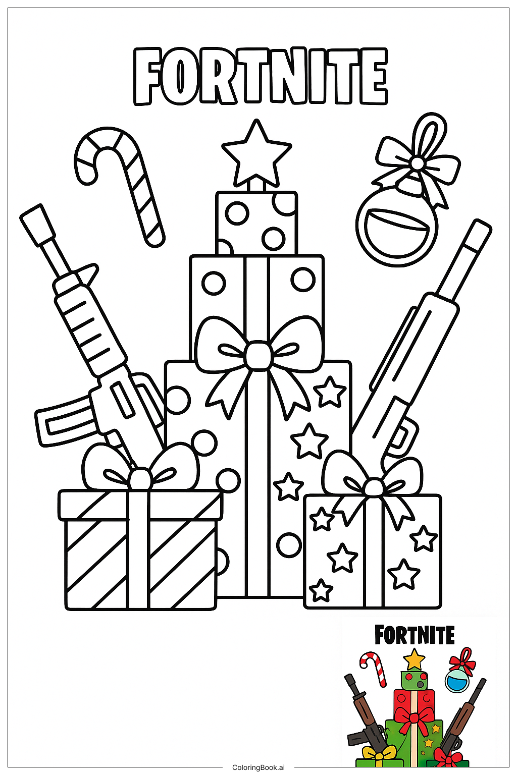  Fortnite Weihnachtsgeschenke mit Waffen Ausmalseite 