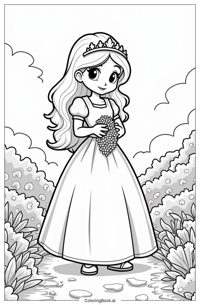  Page de coloriage Princesse Vraie cueillant des fruits arc-en-ciel dans le jardin du Royaume Arc-en-ciel 