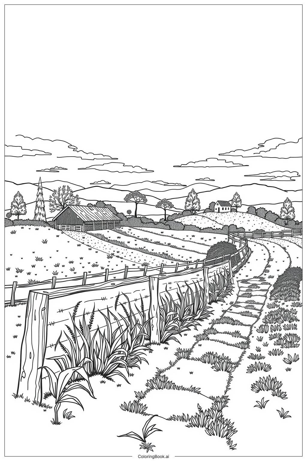  Farmhouse Surrounded by Fields Coloring Page 