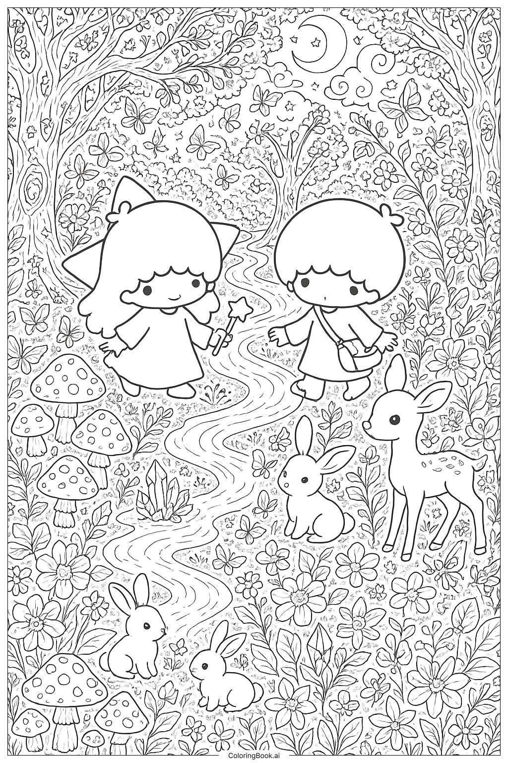  魔法の魅惑的な森のリトルツインスターズの塗り絵ページ 