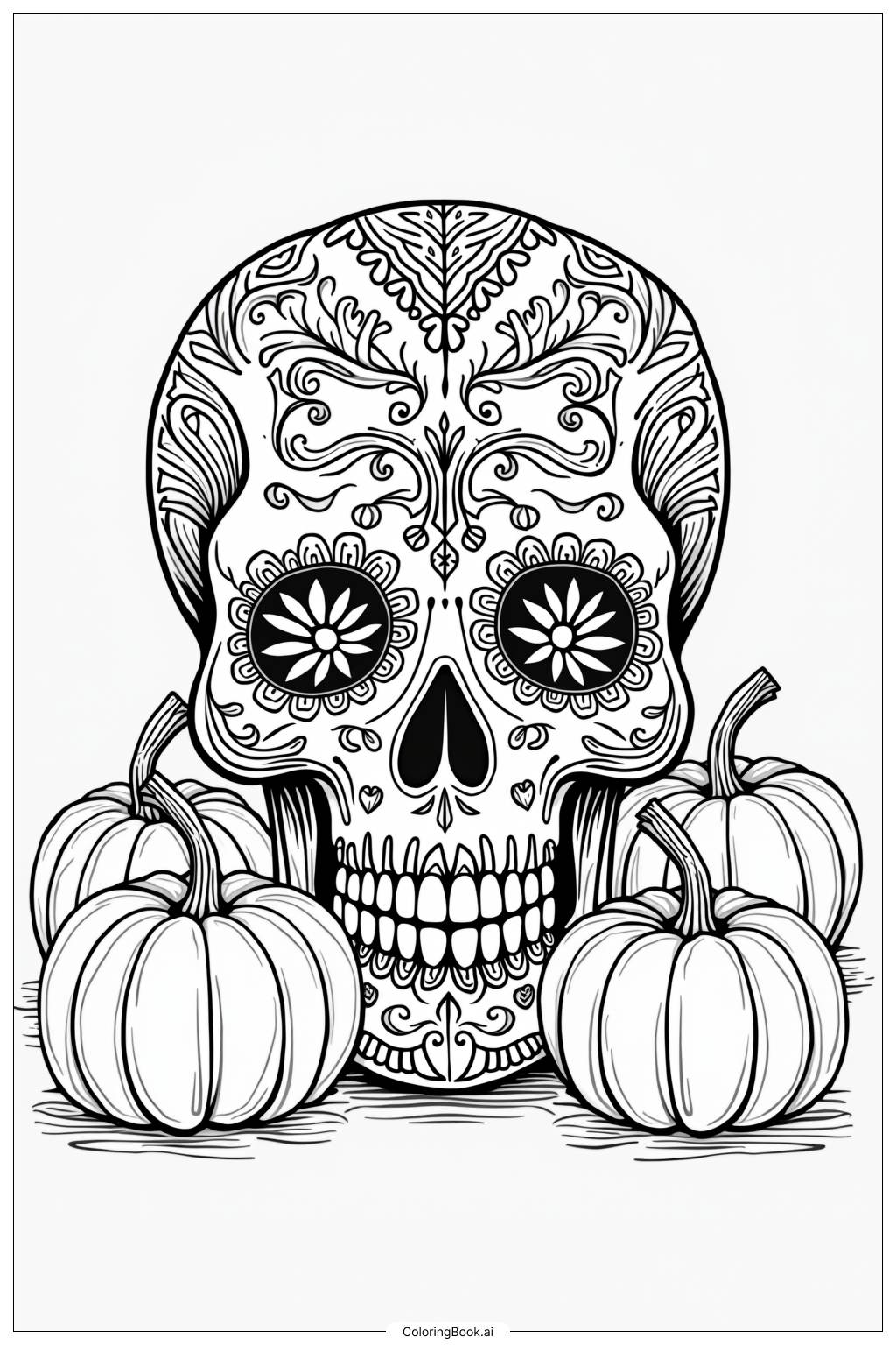  Página para colorear de Una calavera de azúcar celebrando con calabazas de Halloween coloridas 