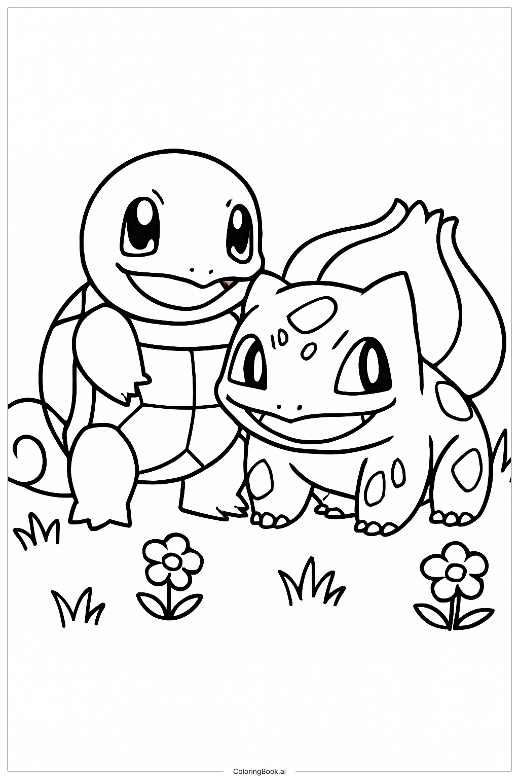  Página para colorear de Squirtle y Bulbasaur son mejores amigos 