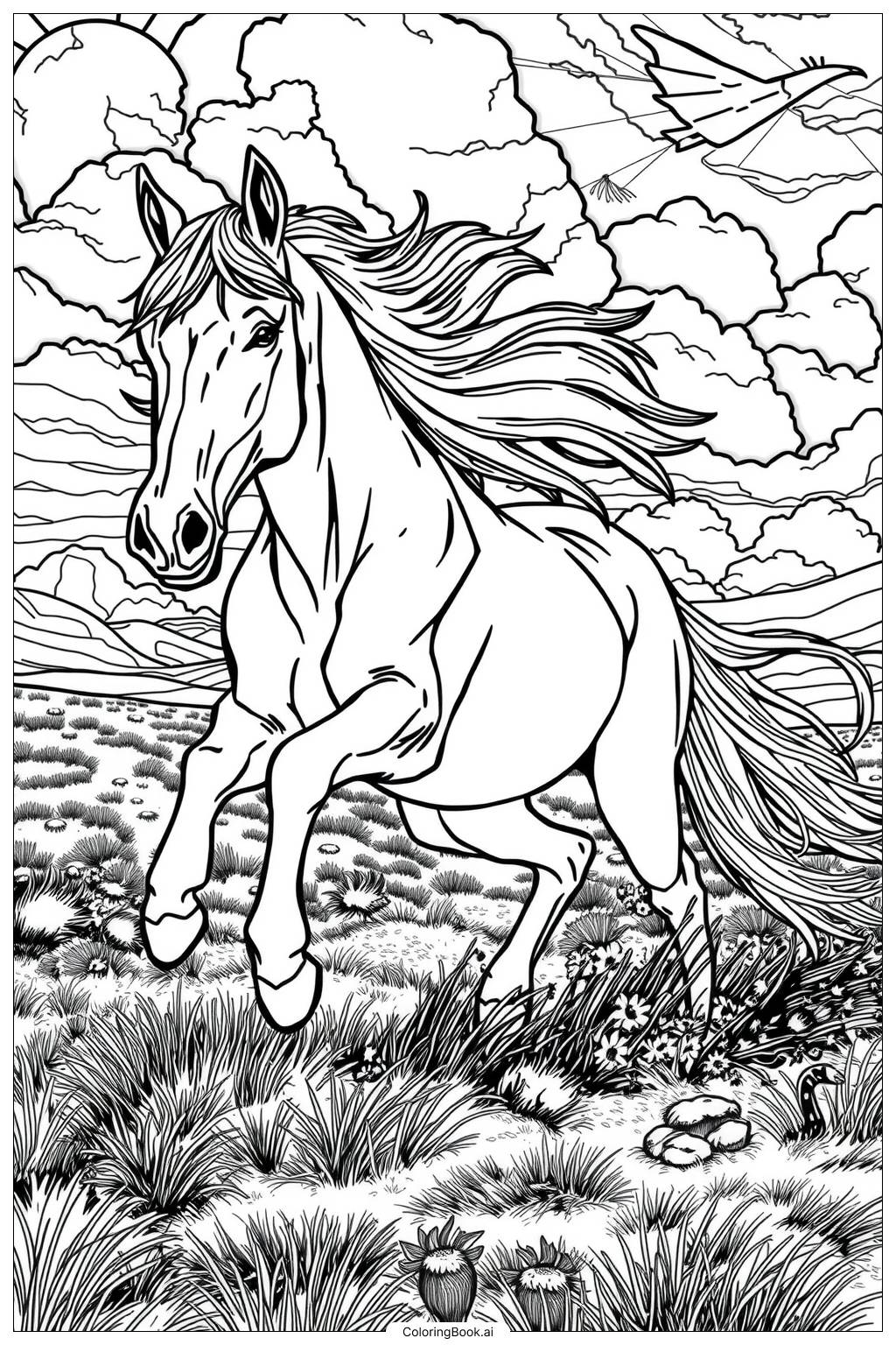  Page de coloriage Cheval Sauvage Réaliste Courant Libre 