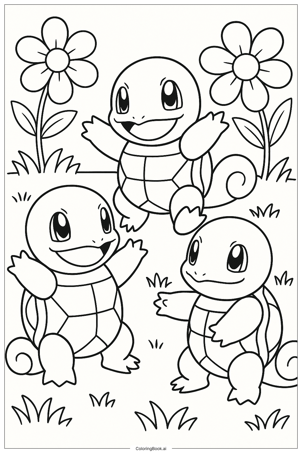  Página para colorear de Un grupo de tres Squirtle jugando 