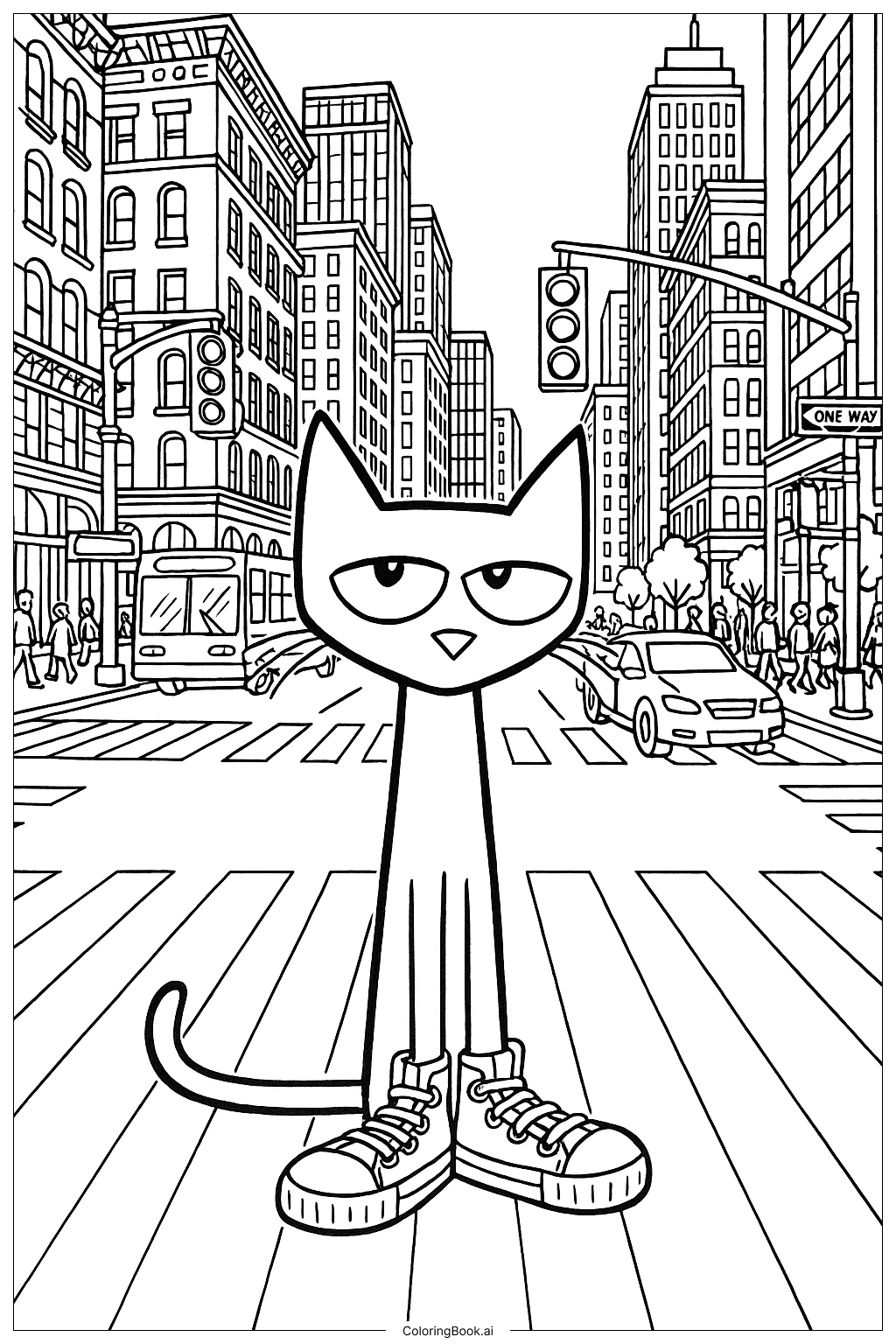  皮特猫在繁忙的城市路口填色页 