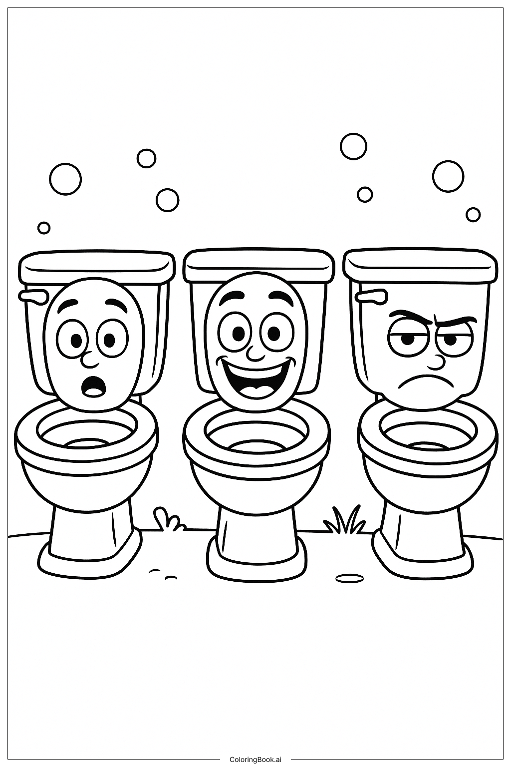  Page de coloriage Trois Toilettes Skibidi Alignées 