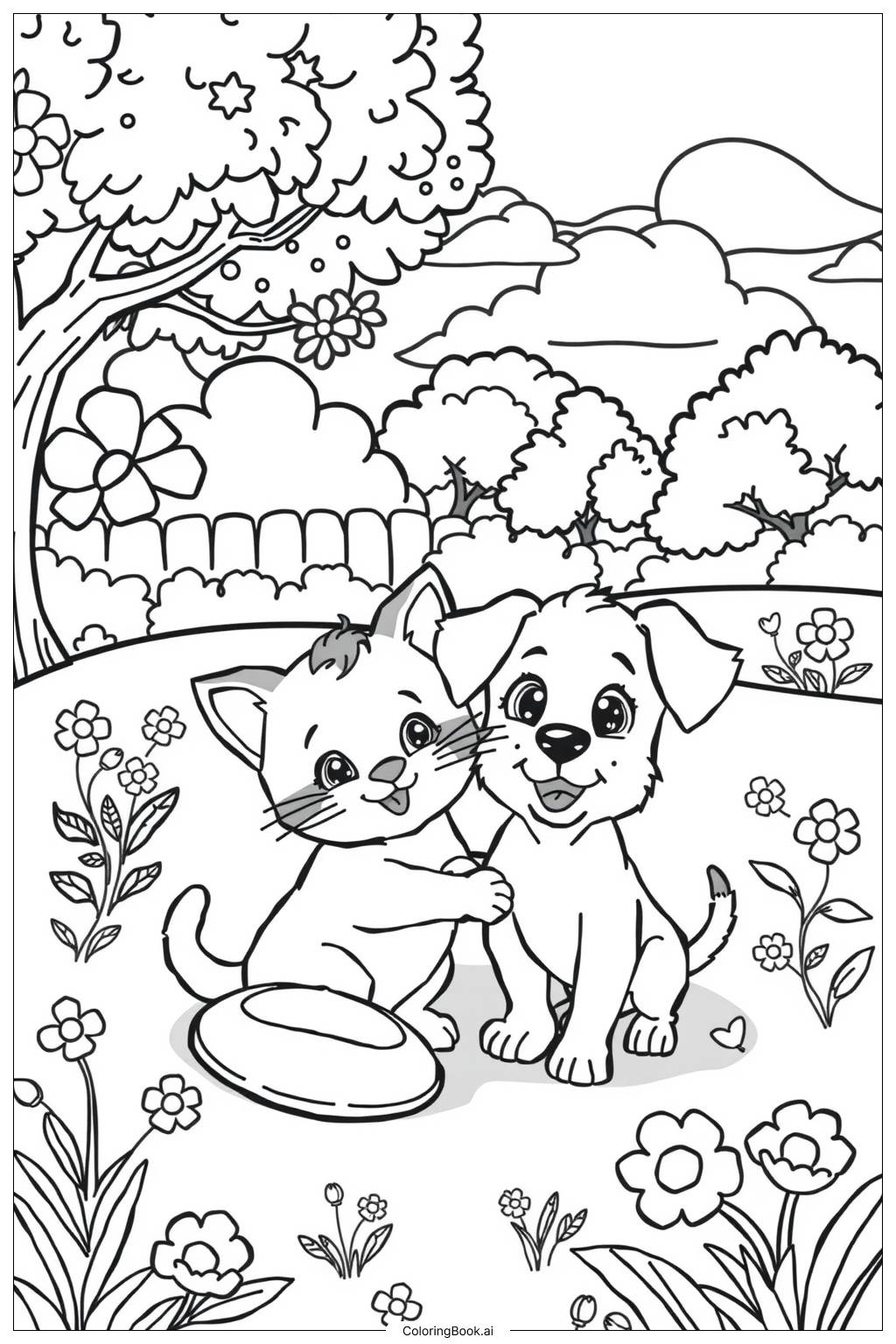  Page de coloriage Un chaton et un chiot joueurs dans un parc 