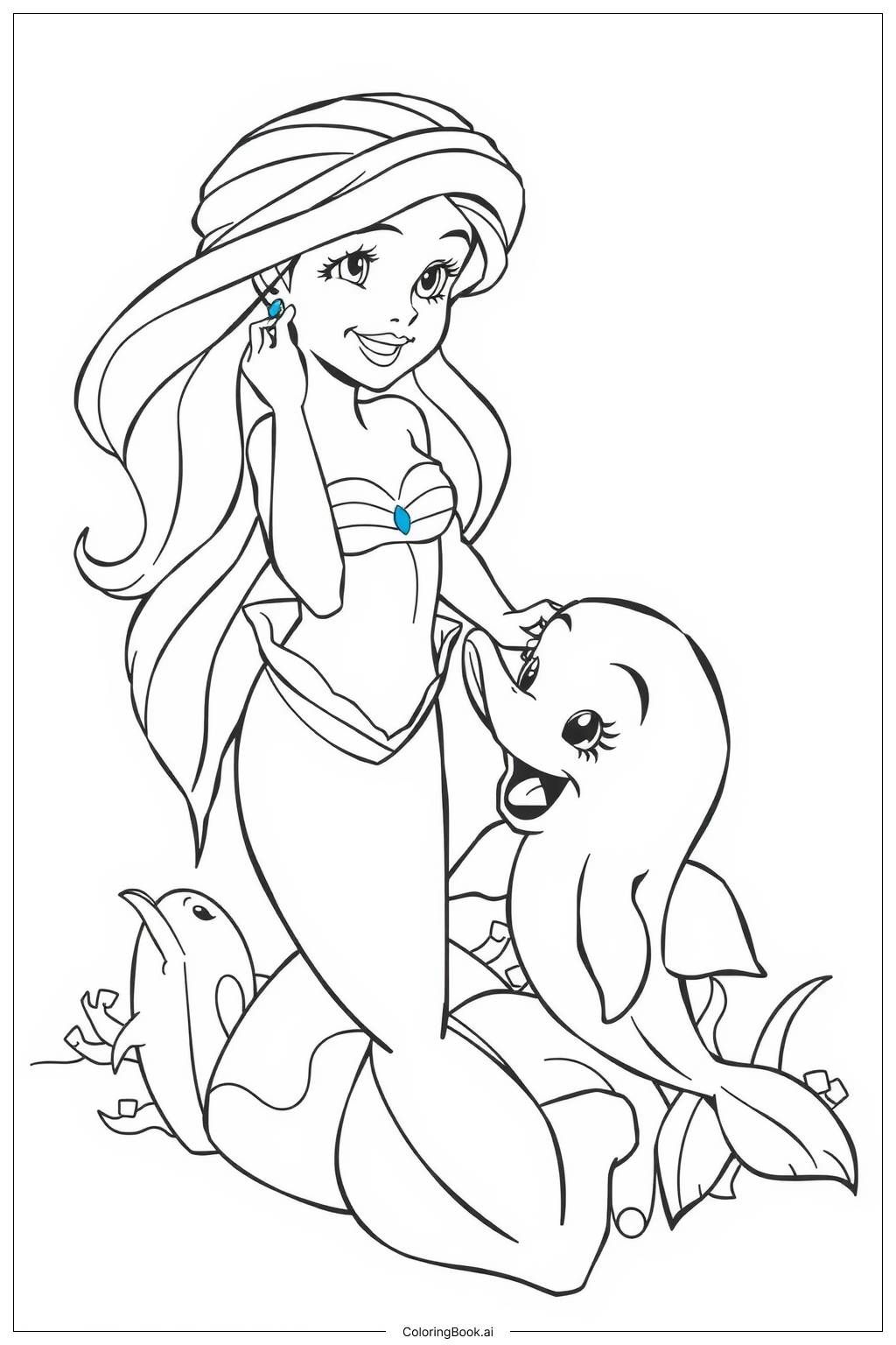  Page de coloriage Ariel et Melody sauvant un animal marin, Ariel se brossant les cheveux avec un dinglehopper 