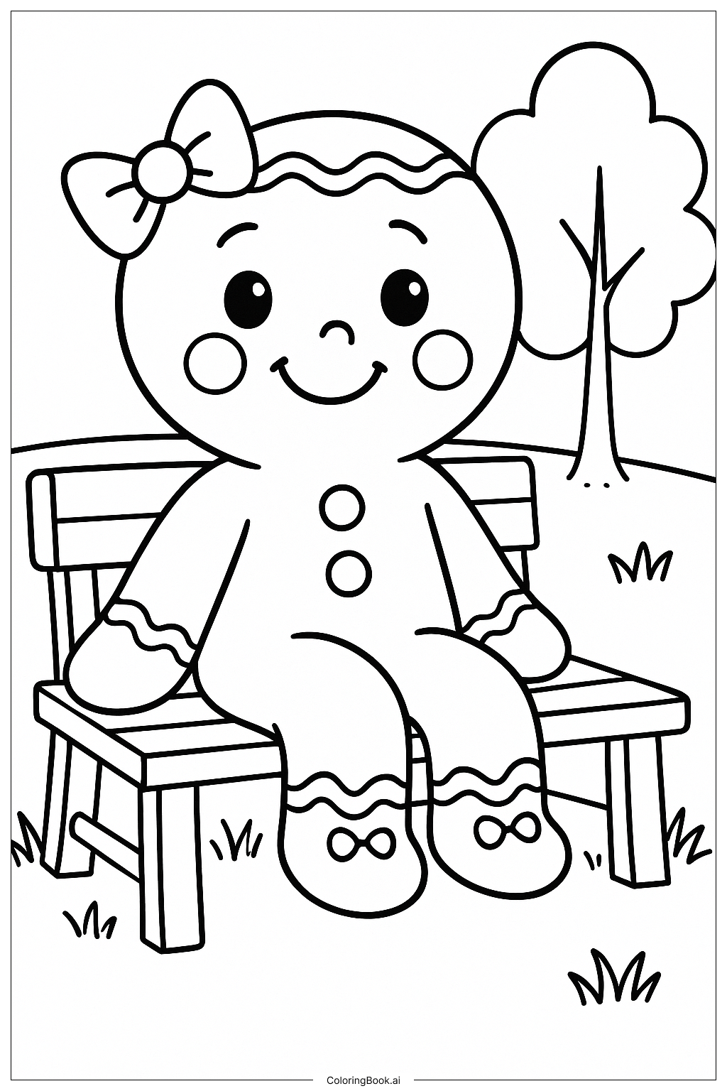 ベンチに座っているジンジャーブレッドの女の子の塗り絵ページ 