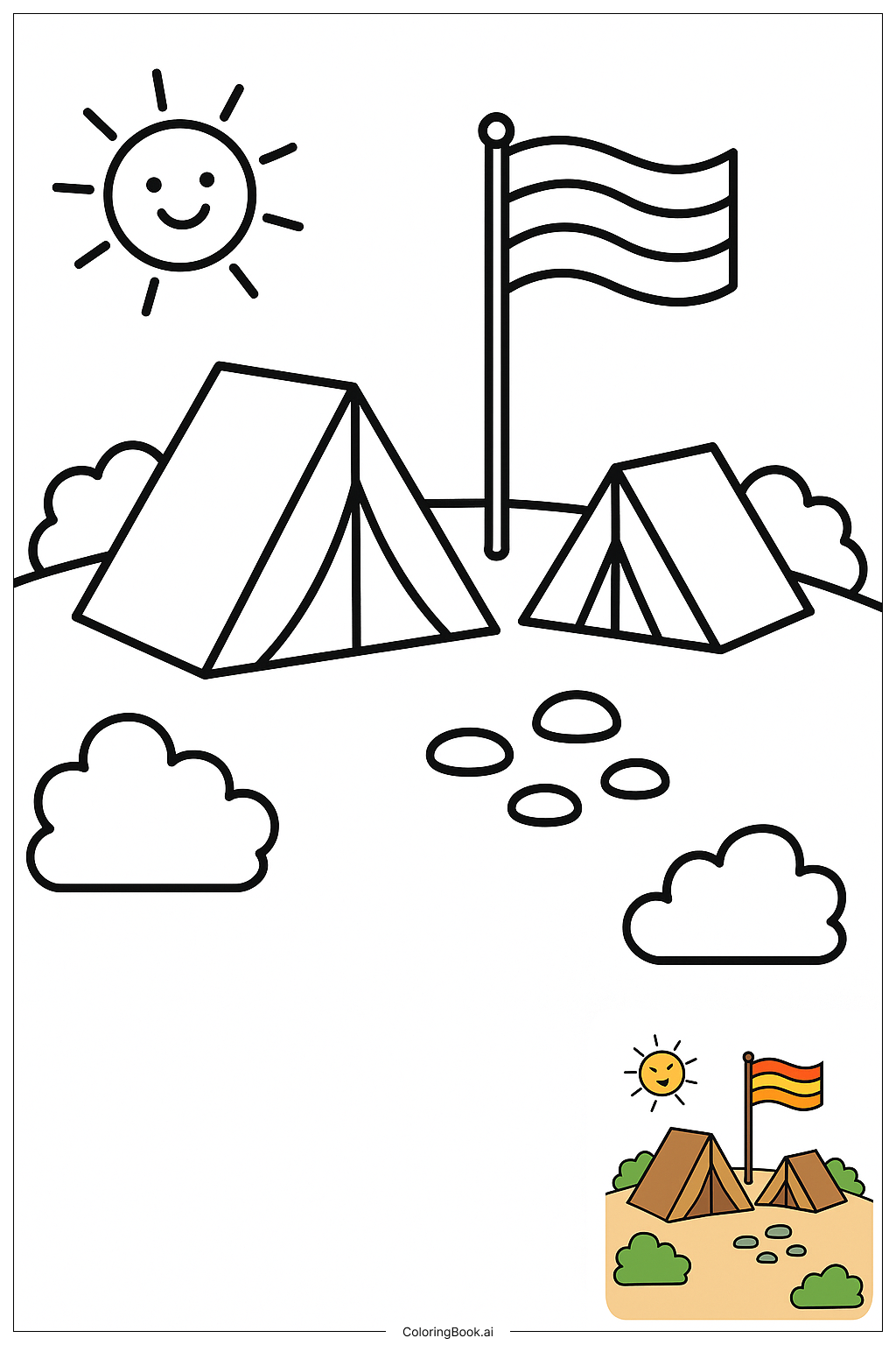  Page de coloriage Campement Militaire Avec Tentes Et Drapeau 