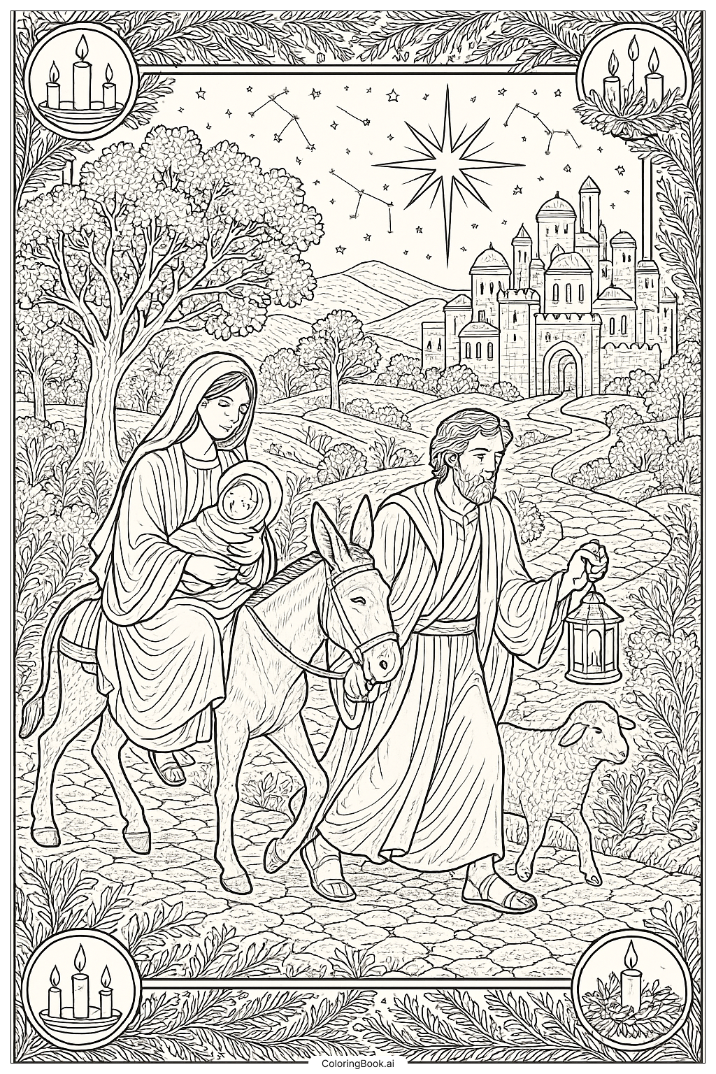  성 가족의 대림절 여정 색칠공부 페이지 