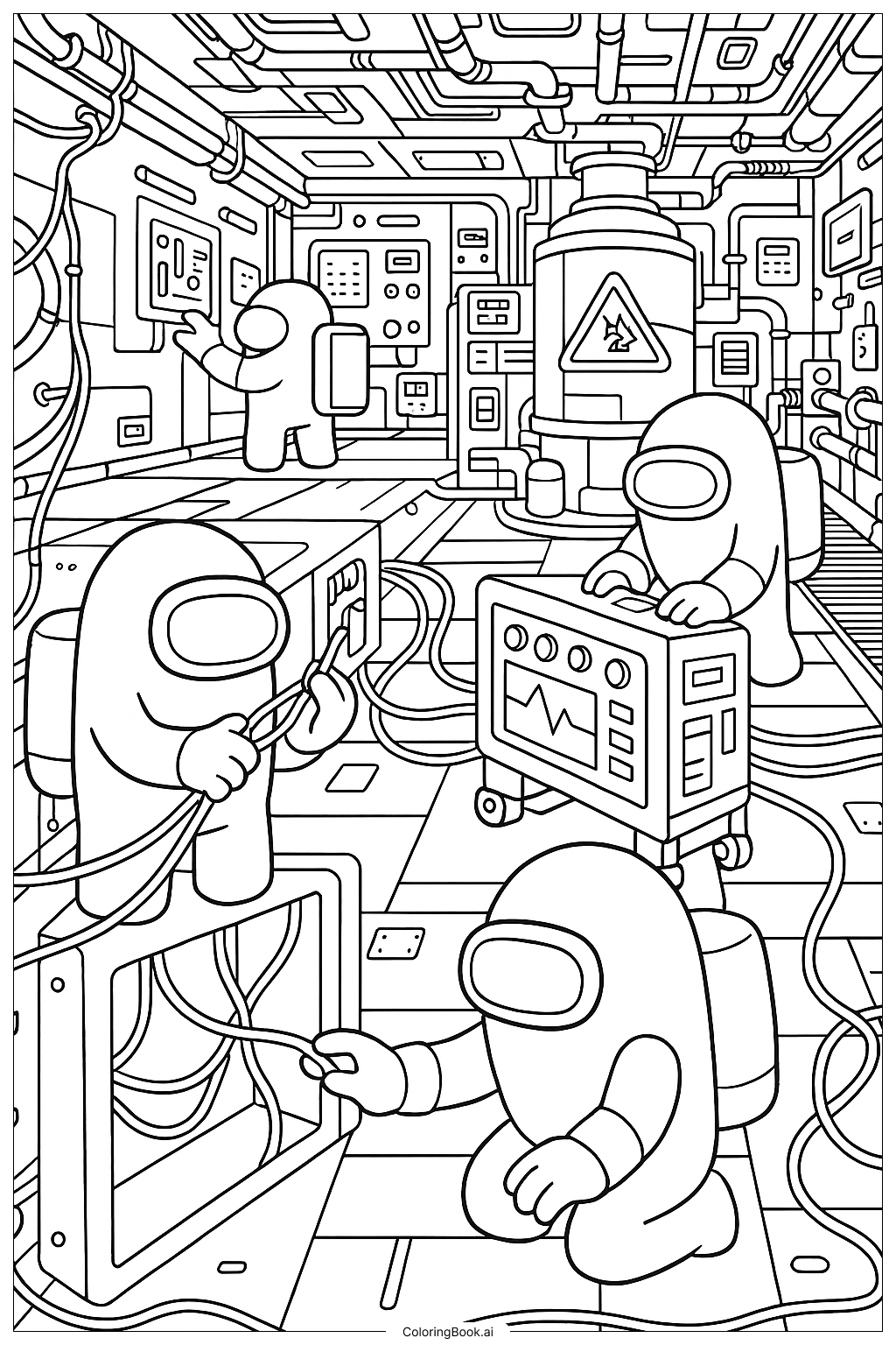  Among Us Crewmates Working Together On A Big Task Coloring Page 