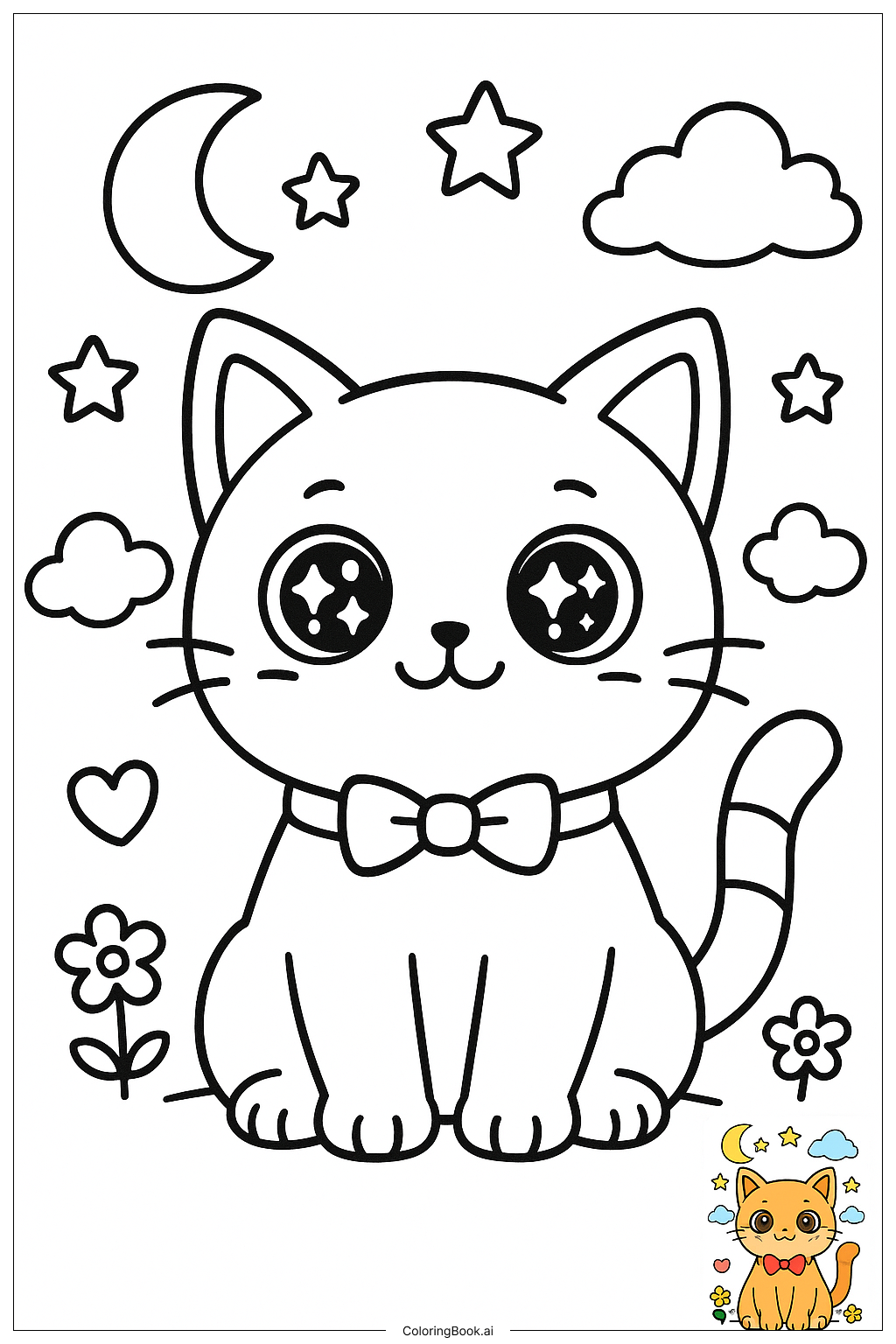  반짝이는 눈을 가진 애니메이션 고양이 색칠공부 페이지 