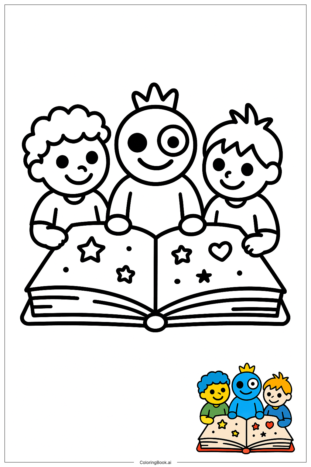  レインボーフレンズ 巨大な本を読むの塗り絵ページ 