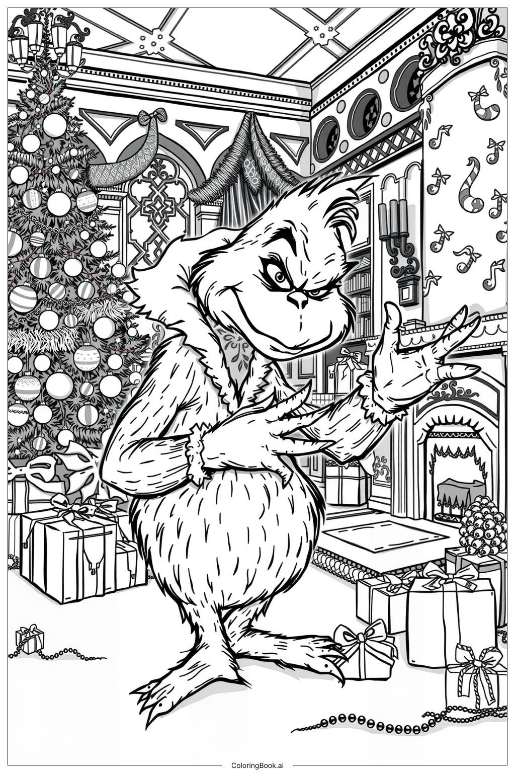  Page de coloriage Le Grinch volent des cadeaux de Noël 