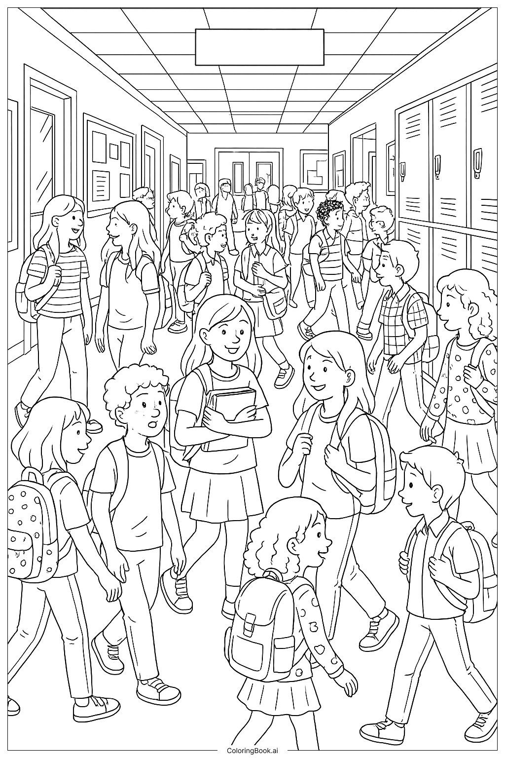  Page de coloriage Un Couloir Animé du Premier Jour d'École 