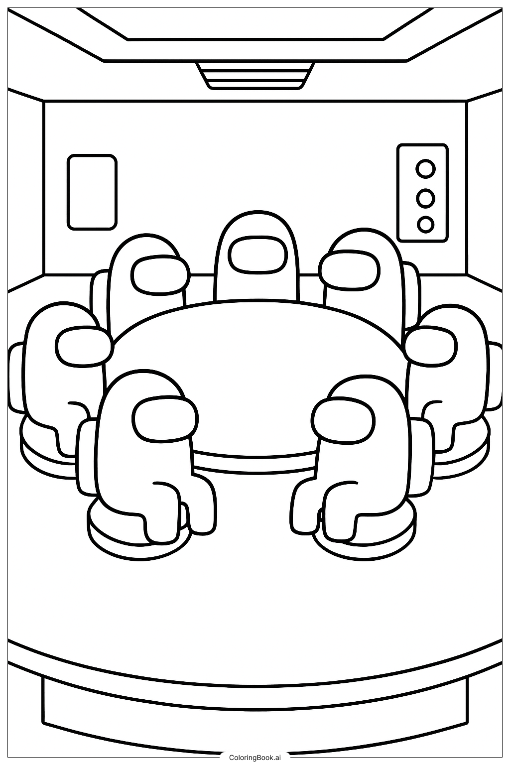 Among-Us-Figuren bei einer Besprechung Ausmalseite