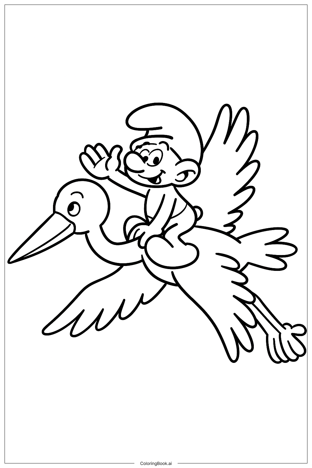  A Smurf Flying On A Friendly Stork Coloring Page 