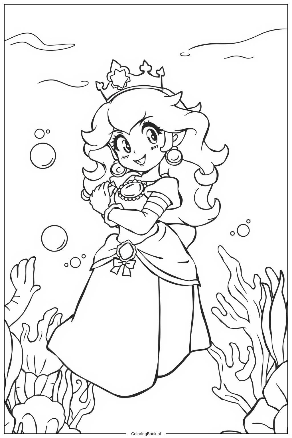  Page de coloriage Princesse Peach dans une scène sous-marine étincelante 