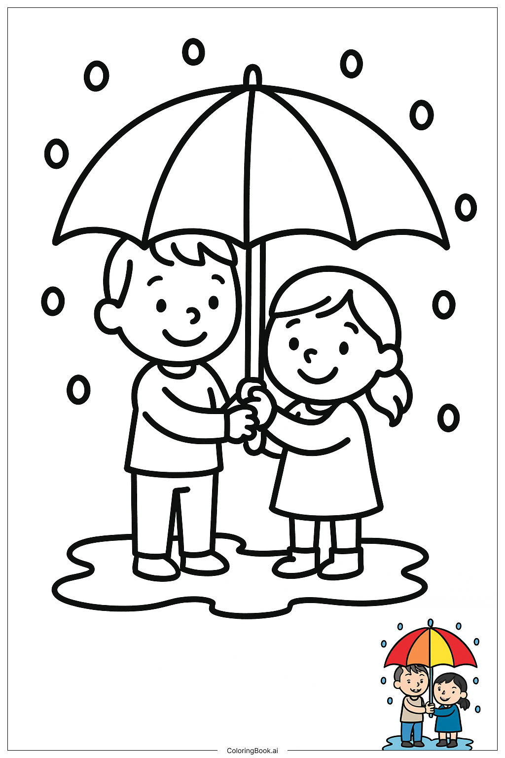  Friends Sharing Umbrella In Rain著色頁 