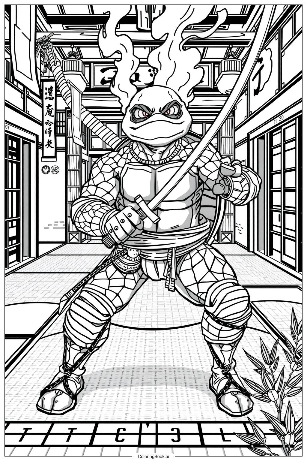  Page de coloriage tortue ninja en pose d'action 