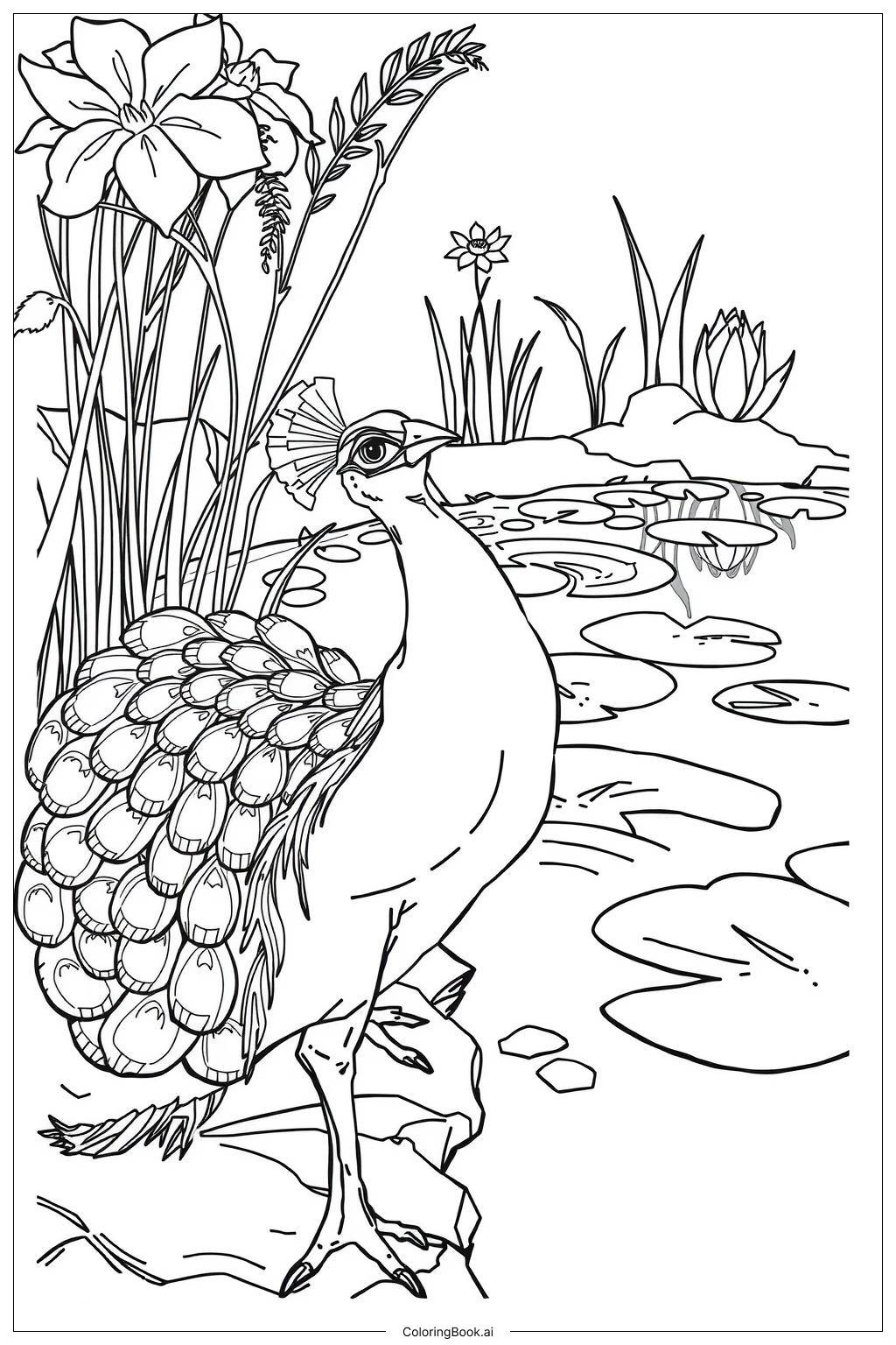  Page de coloriage paon et son reflet dans l'eau-2 