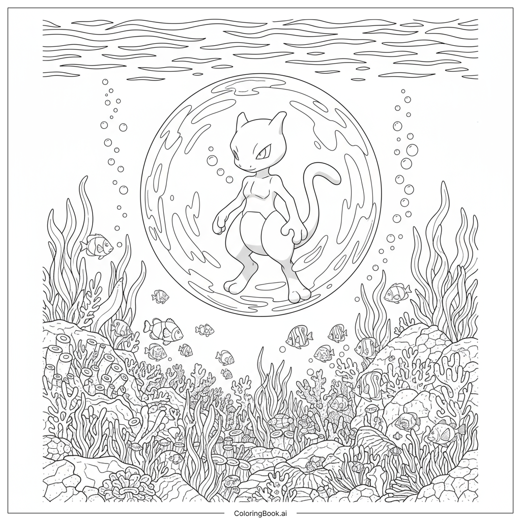  Page de coloriage Mewtwo flottant dans une bulle sous l'eau 