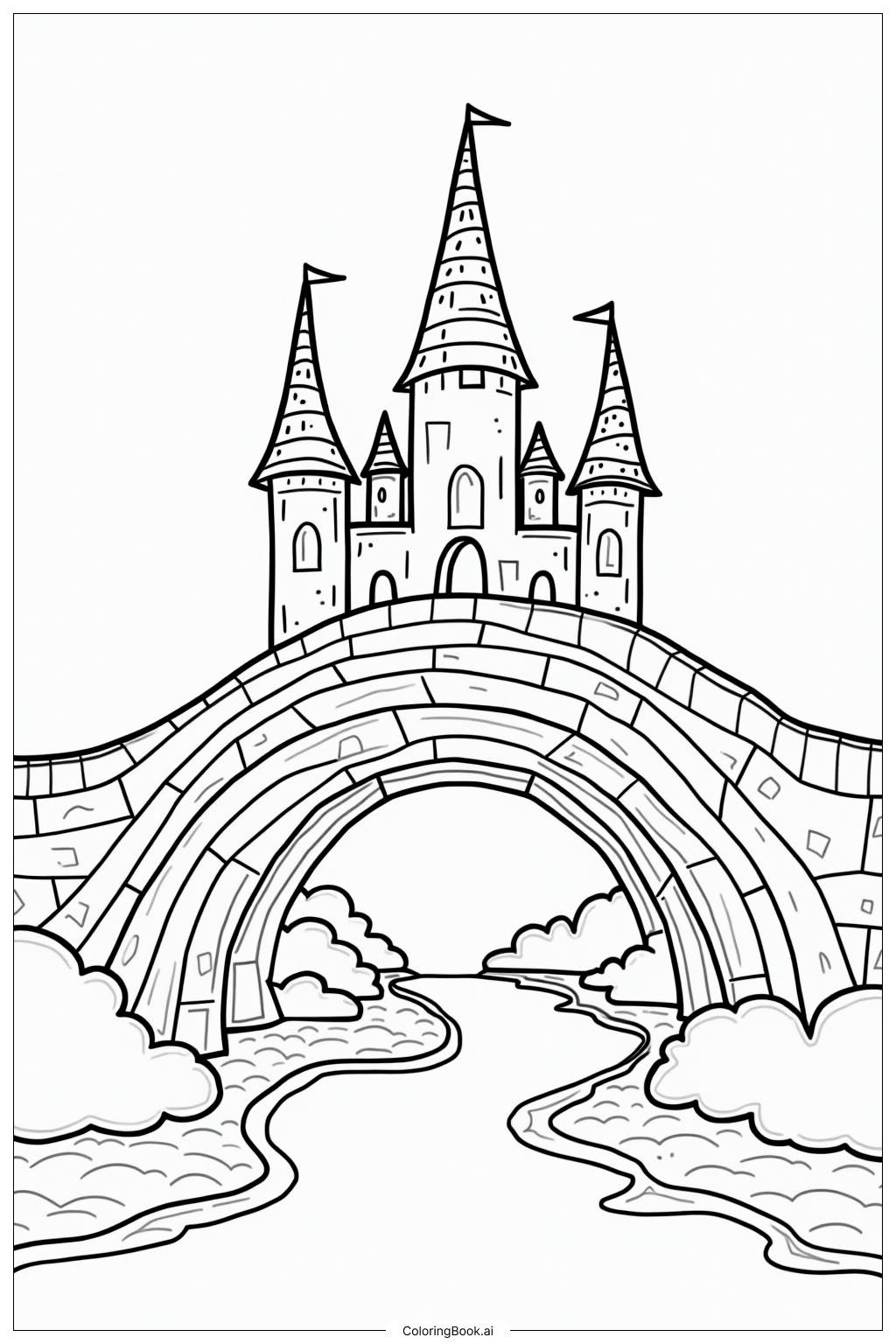  Page de coloriage Château Licorne Pont Arc-en-ciel 