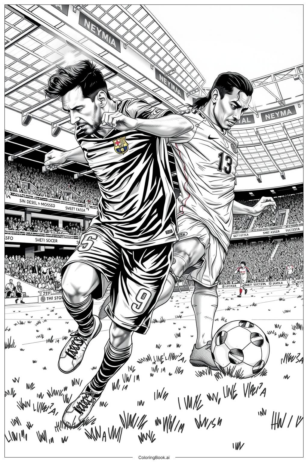  messi and neymar in a dramatic match scene Coloring Page 